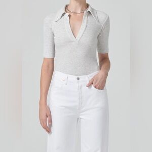 Citizen of Humanity Liu Johnny v-neck Grey Ribbed Polo Bodysuit Medium